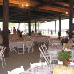 a dining room table in front of a building
