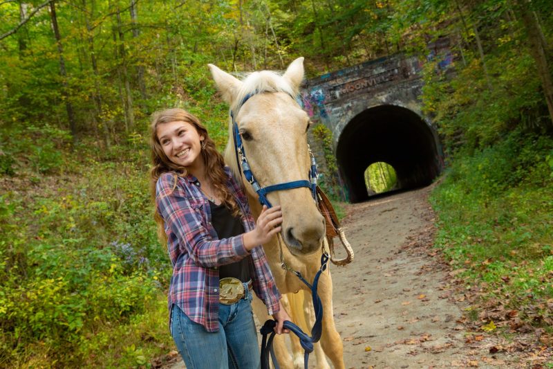 a hand holding a brown dog carrying a bag walking in the grass