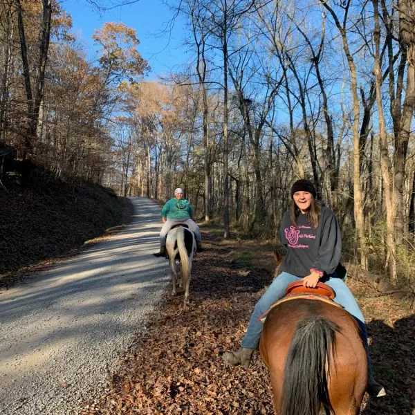 a person riding a horse in a forest