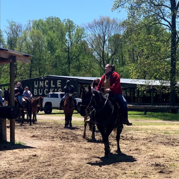 a group of people riding on the back of a horse