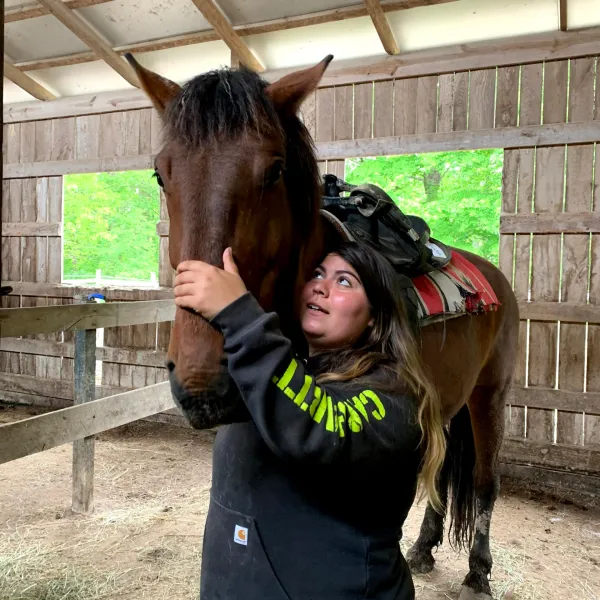 a person petting a brown horse standing next to a fence