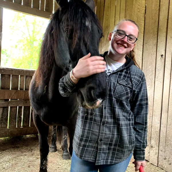 a person petting a brown horse standing next to a fence