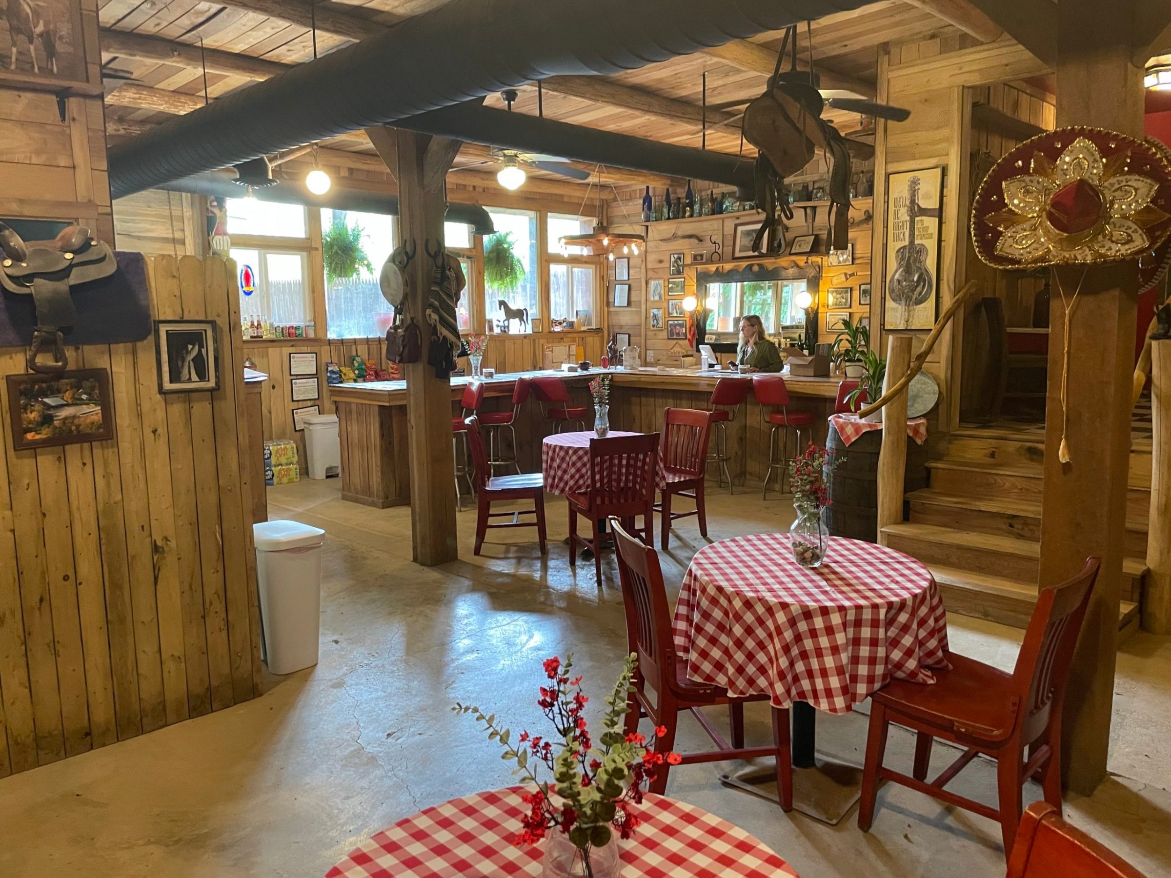 a dining room table in front of a building