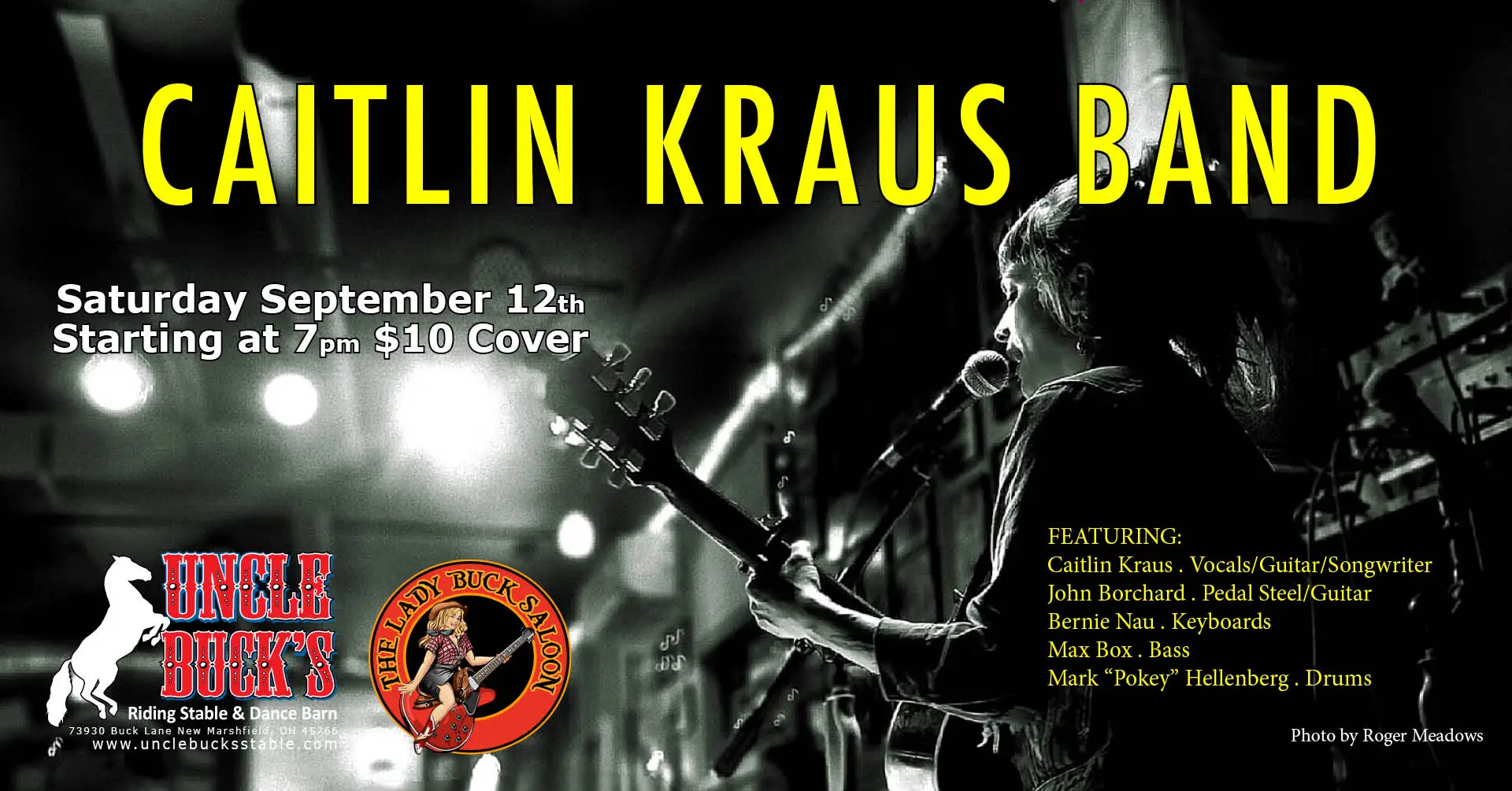 Concert poster for Caitlin Kraus Band at Uncle Buck's, featuring band info and event details.