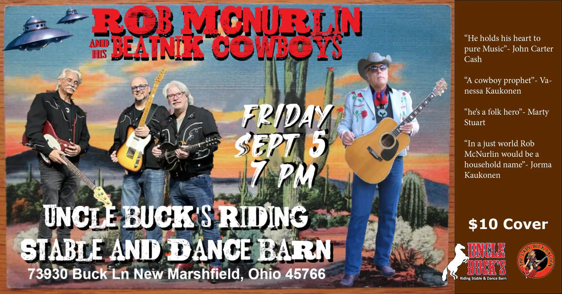 Poster for Rob McNurlin and His Beatnik Cowboys concert on Sept 5, 7 PM at Uncle Buck's in New Marshfield, Ohio.