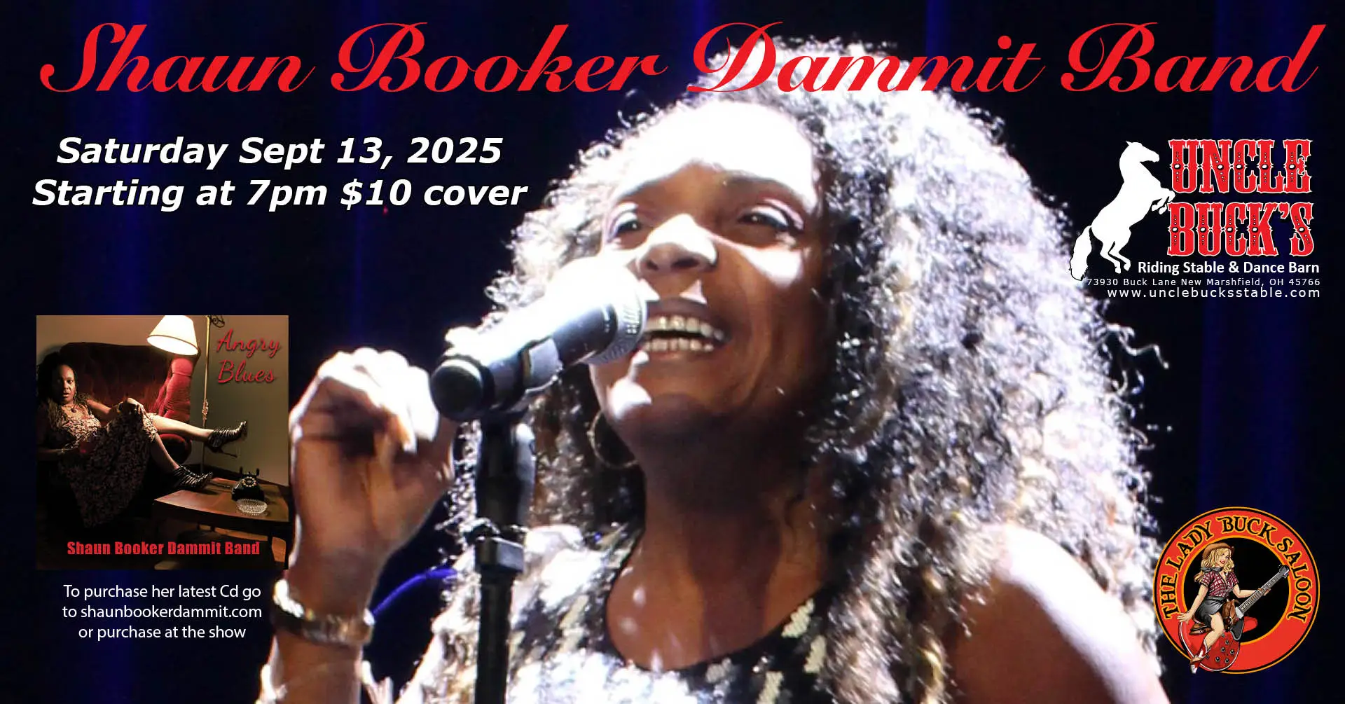 Woman singing with a microphone on a poster for a band event on Sept 13, 2025, at Uncle Buck's.