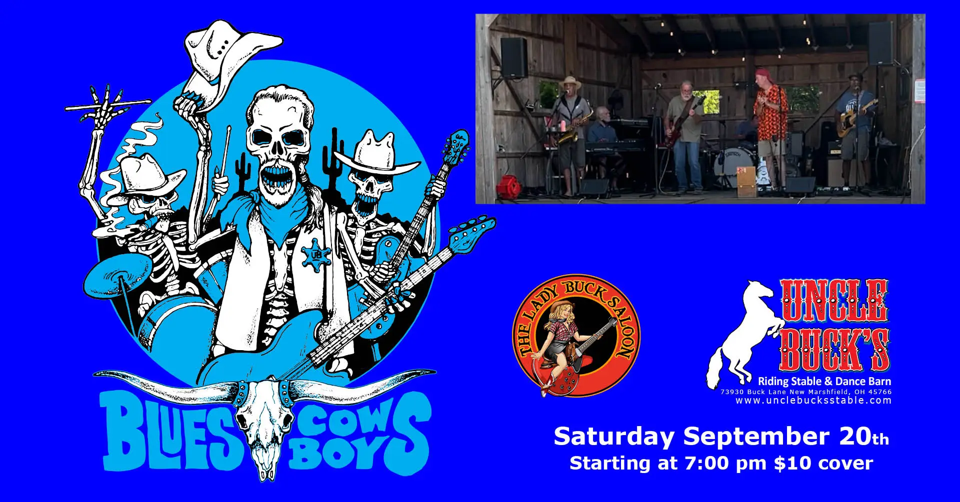 Blues Cowboys band poster with concert info for Saturday, Sept 20th at Uncle Buck's.
