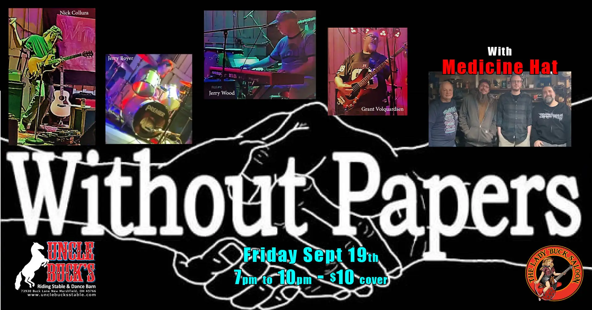 Concert poster for Without Papers and Medicine Hat on Sept 19th at Uncle Buck's, 7-10 pm, $10 cover.