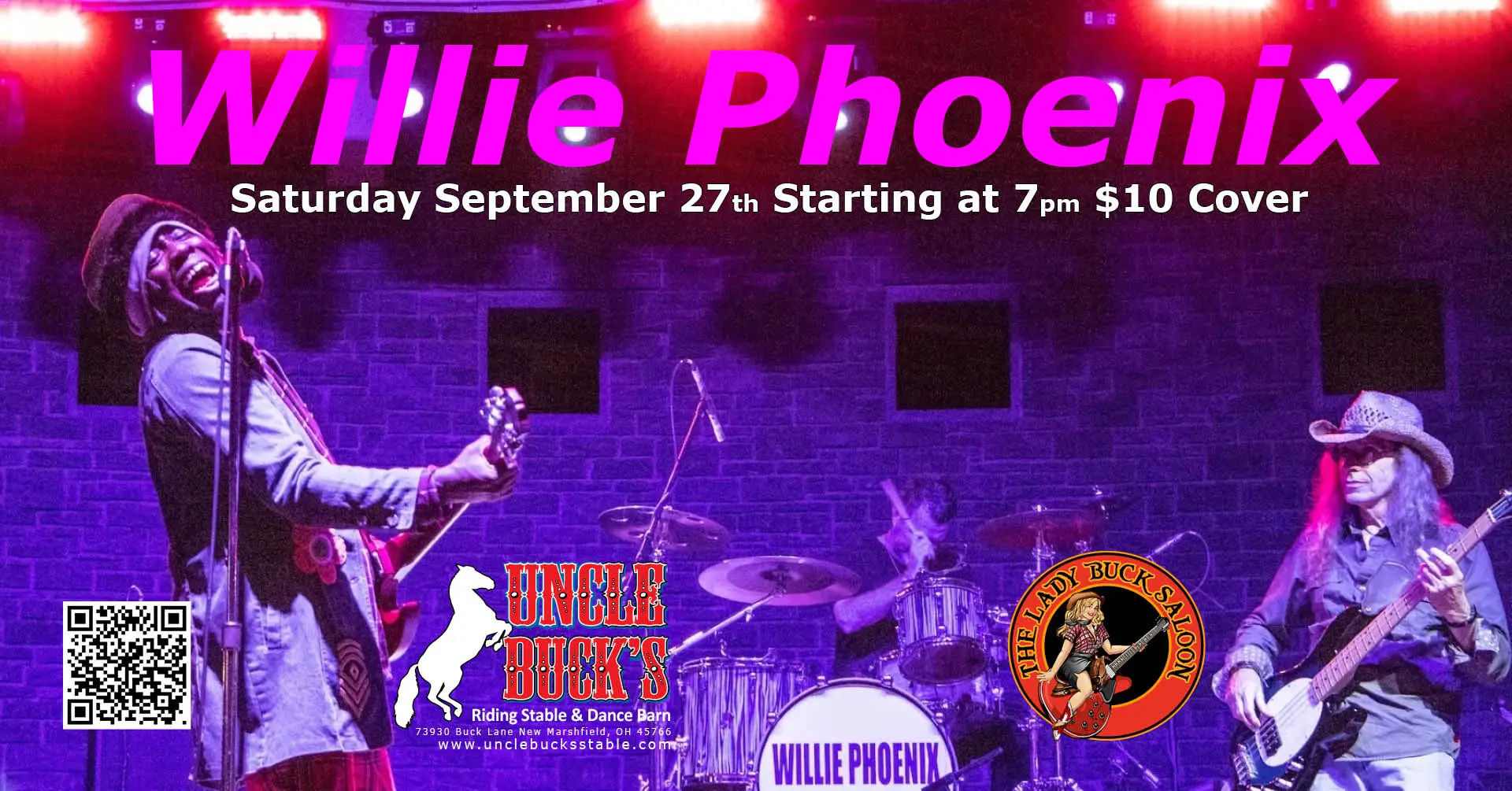 Band performing on stage with purple lighting, promotional text for Willie Phoenix event.