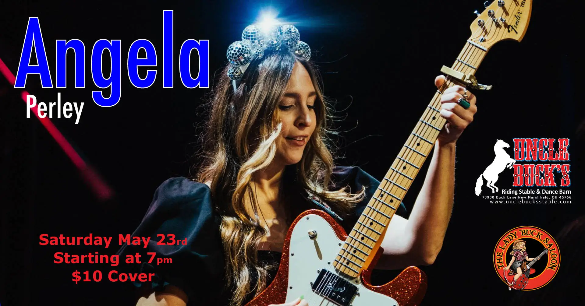 Woman playing guitar under lights with event details and logos on poster.