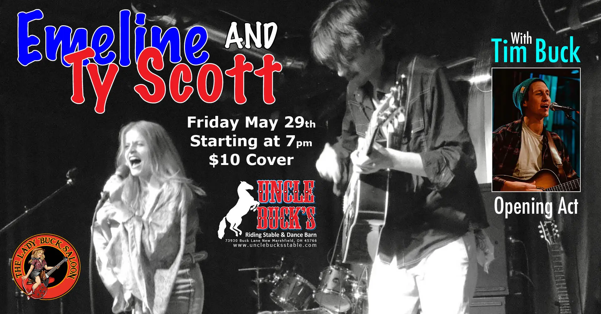 Poster for Emeline and Ty Scott concert with Tim Buck as opening act, May 29, 7 PM, $10 cover.