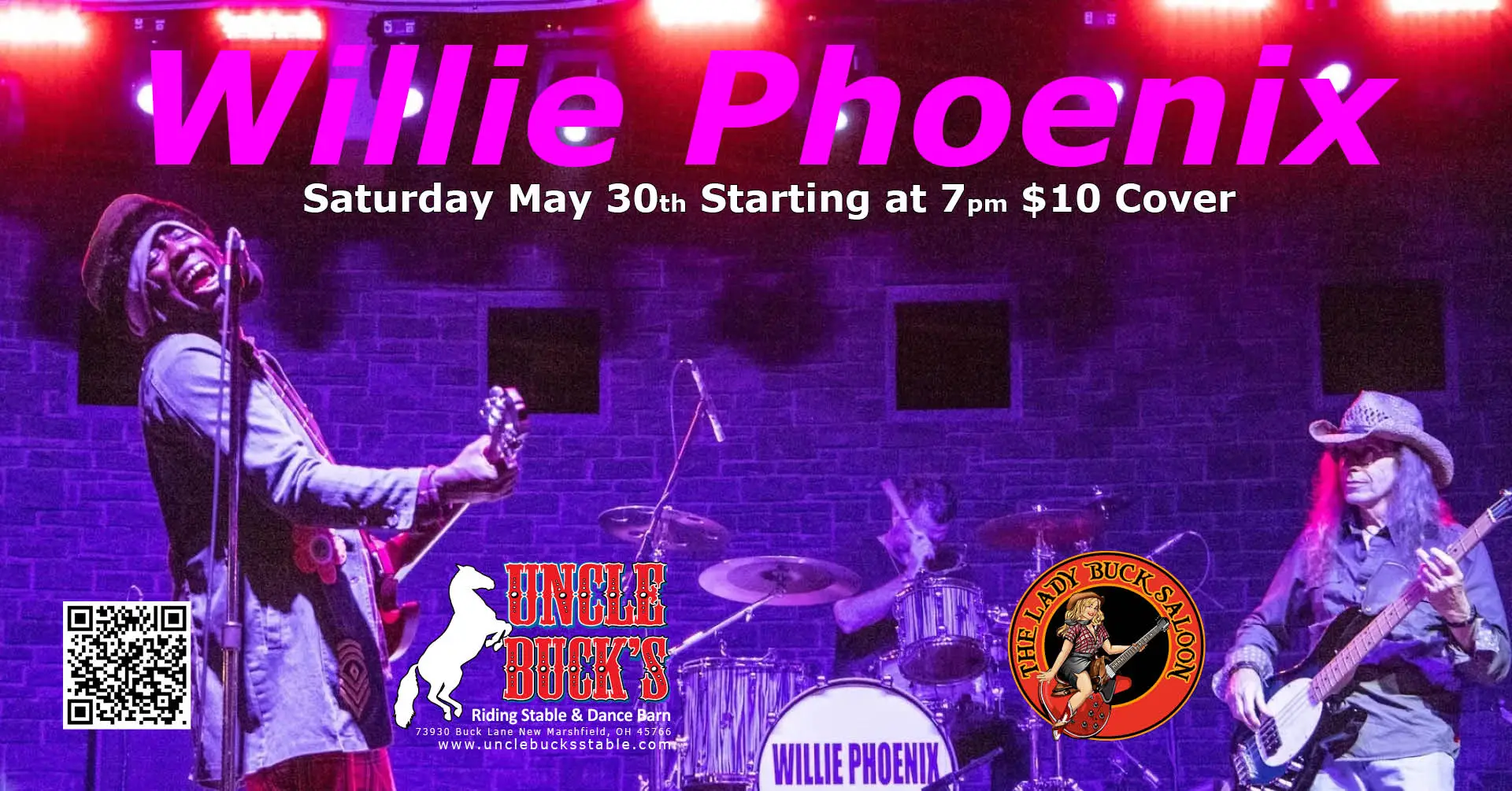 Musicians perform on stage; event details in bold text above.